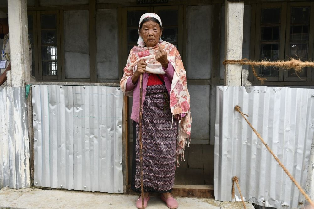An elderly woman seen after casting her franchise during the Wokha Town Council bye- election held on June 16. (DIPR Photo)